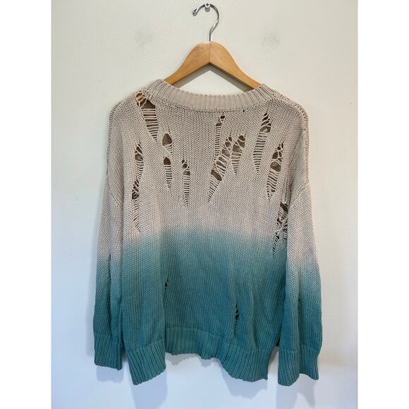 Fate Anthropologie distressed sweater size S cotton ombre tan turquoise crew - Picture 3 of 7